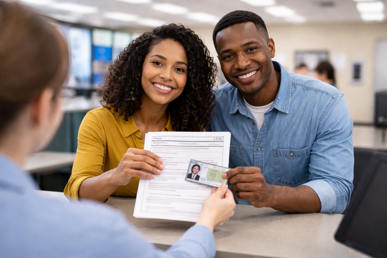 TPS holders presenting immigration documents at a DMV counter for driver’s license application