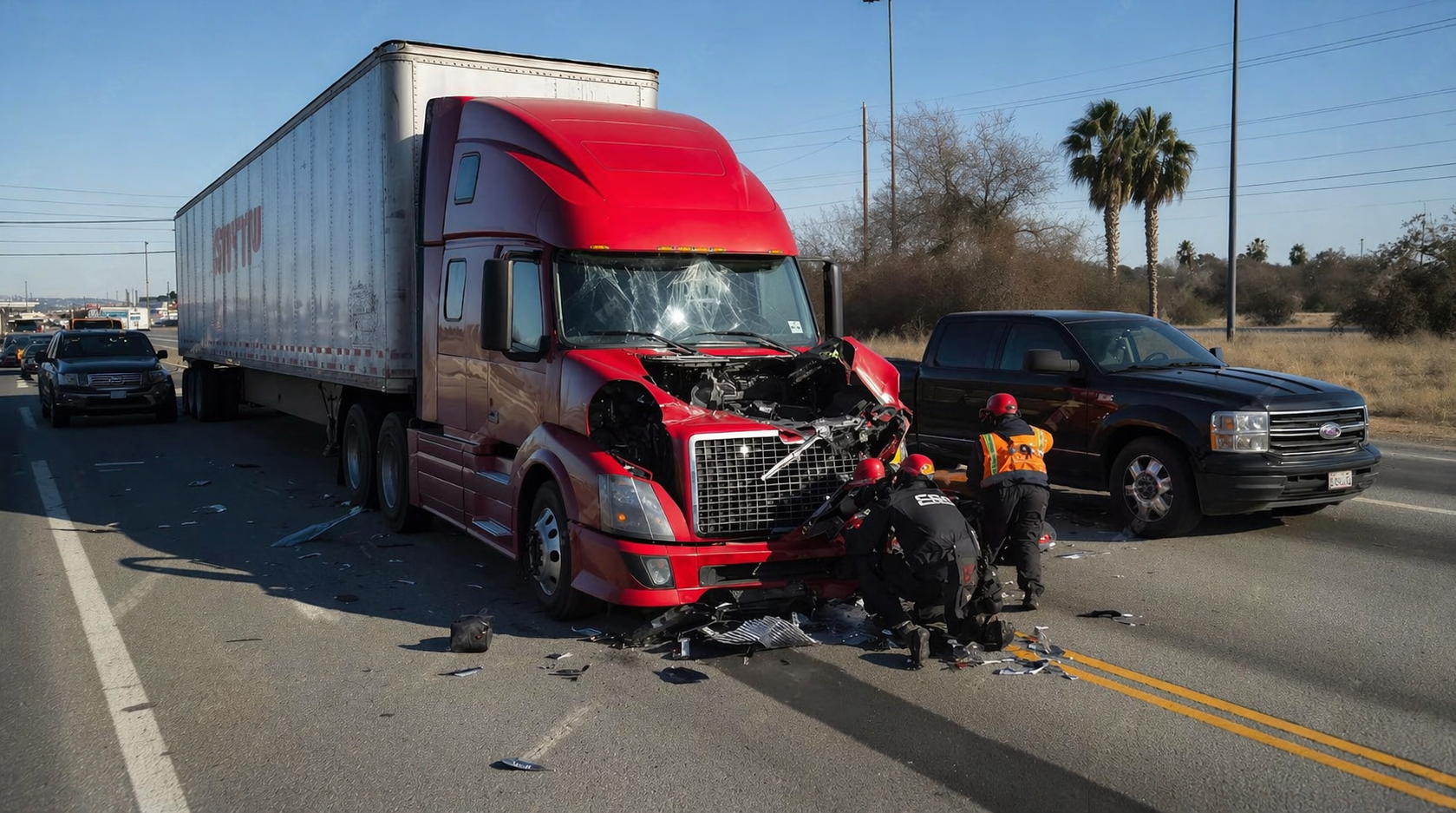 Greenacres personal injury lawyer handling truck accident scene with damaged semi truck